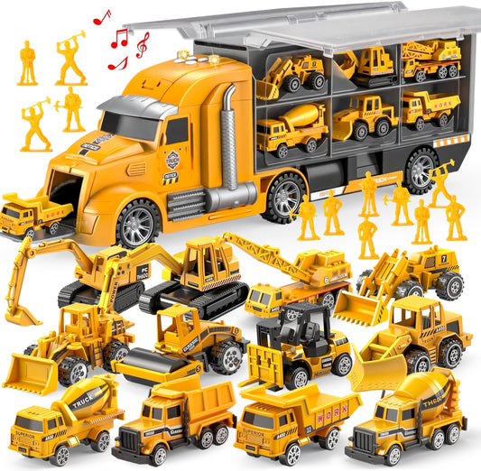 JOYIN 25-in-1 construction truck set with multiple trucks and workers for creative play.