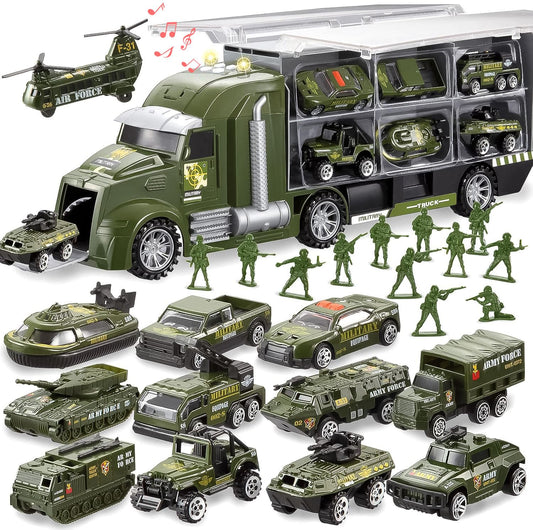 JOYIN 25in1 military truck set with diverse vehicles for imaginative play and motor skills.
