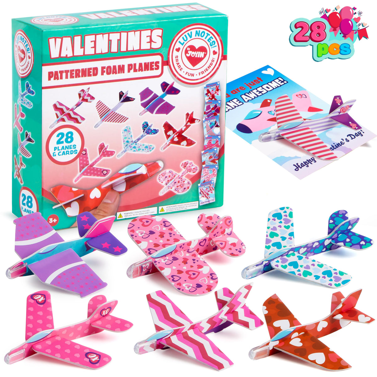 JOYIN 28 Valentines foam airplanes cards set for classroom prizes.