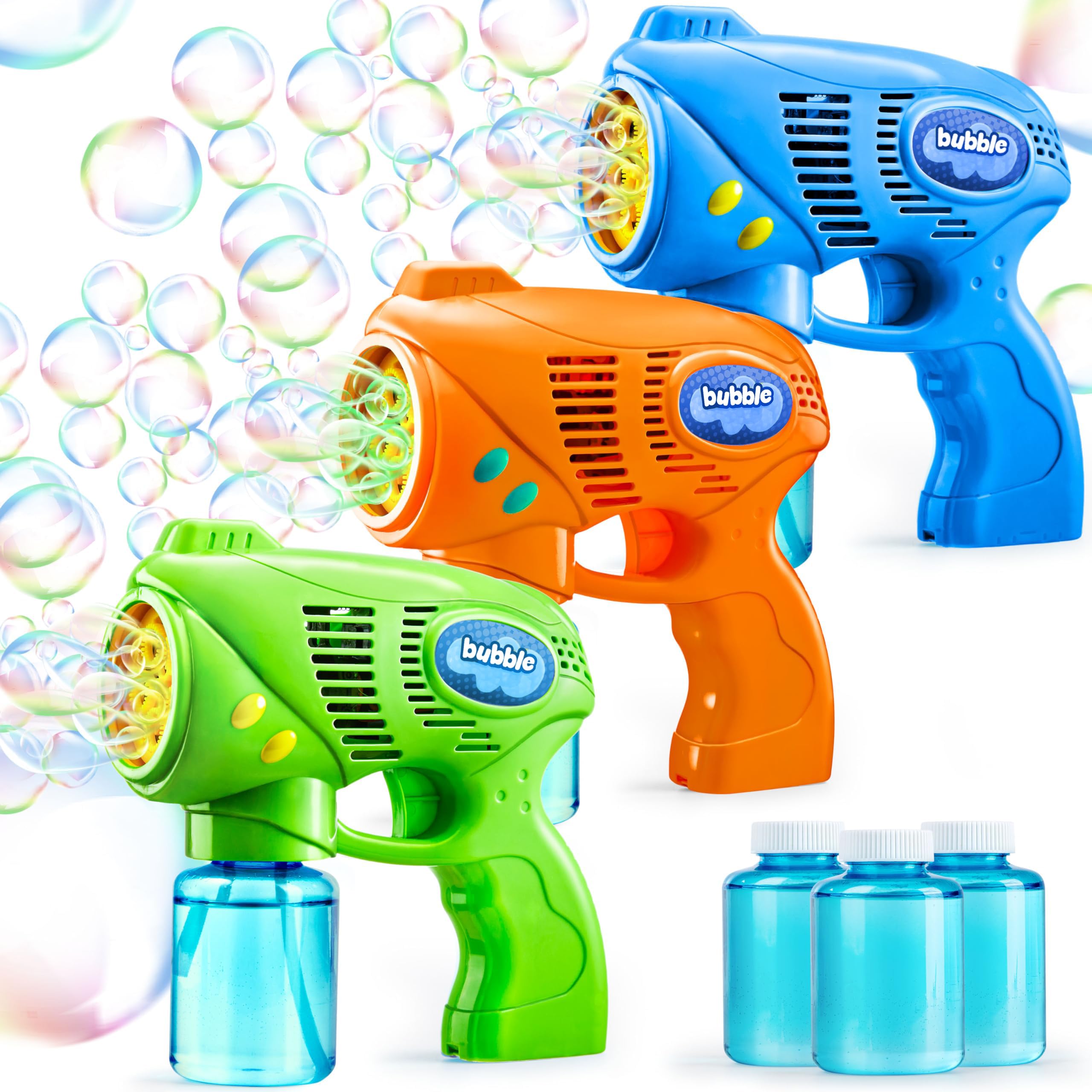 JOYIN 3-bubble-guns-set packaging with vibrant colors for outdoor bubble play.
