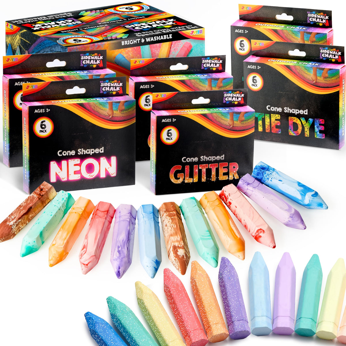 JOYIN 36‑pc sidewalk chalks in six-pack packaging for bright outdoor art