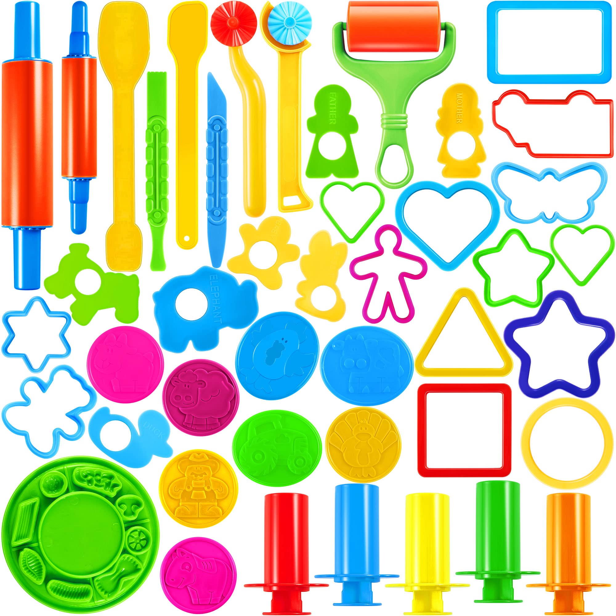JOYIN 44-piece clay tools set rolling pin aids kid-friendly shaping with easy-grip handles.
