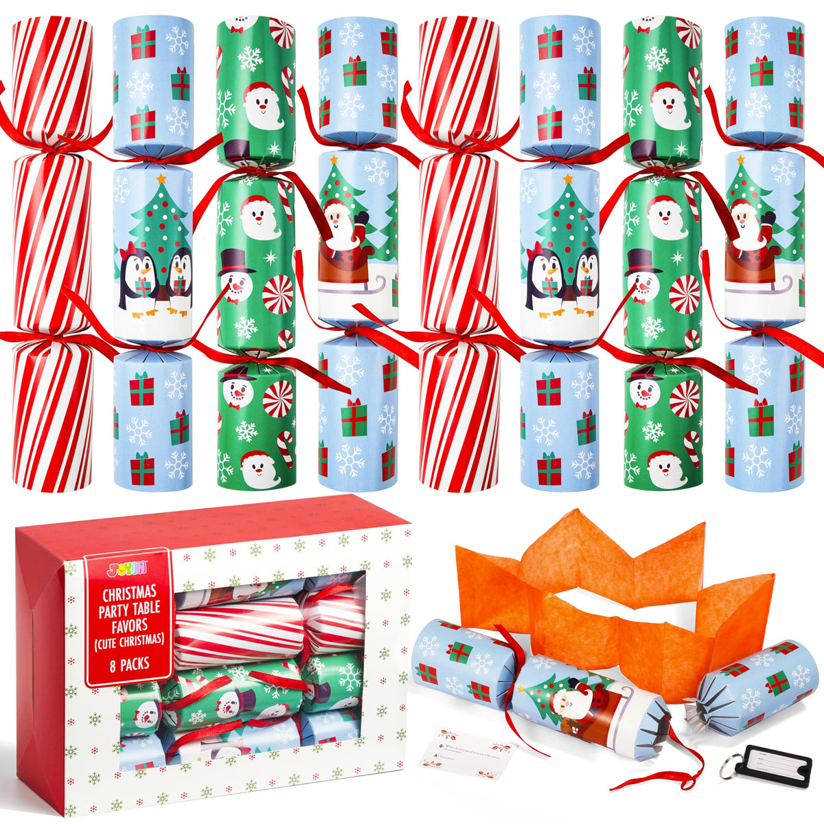 JOYIN 8-pcs Christmas party favor pack with festive table decor and surprise items.