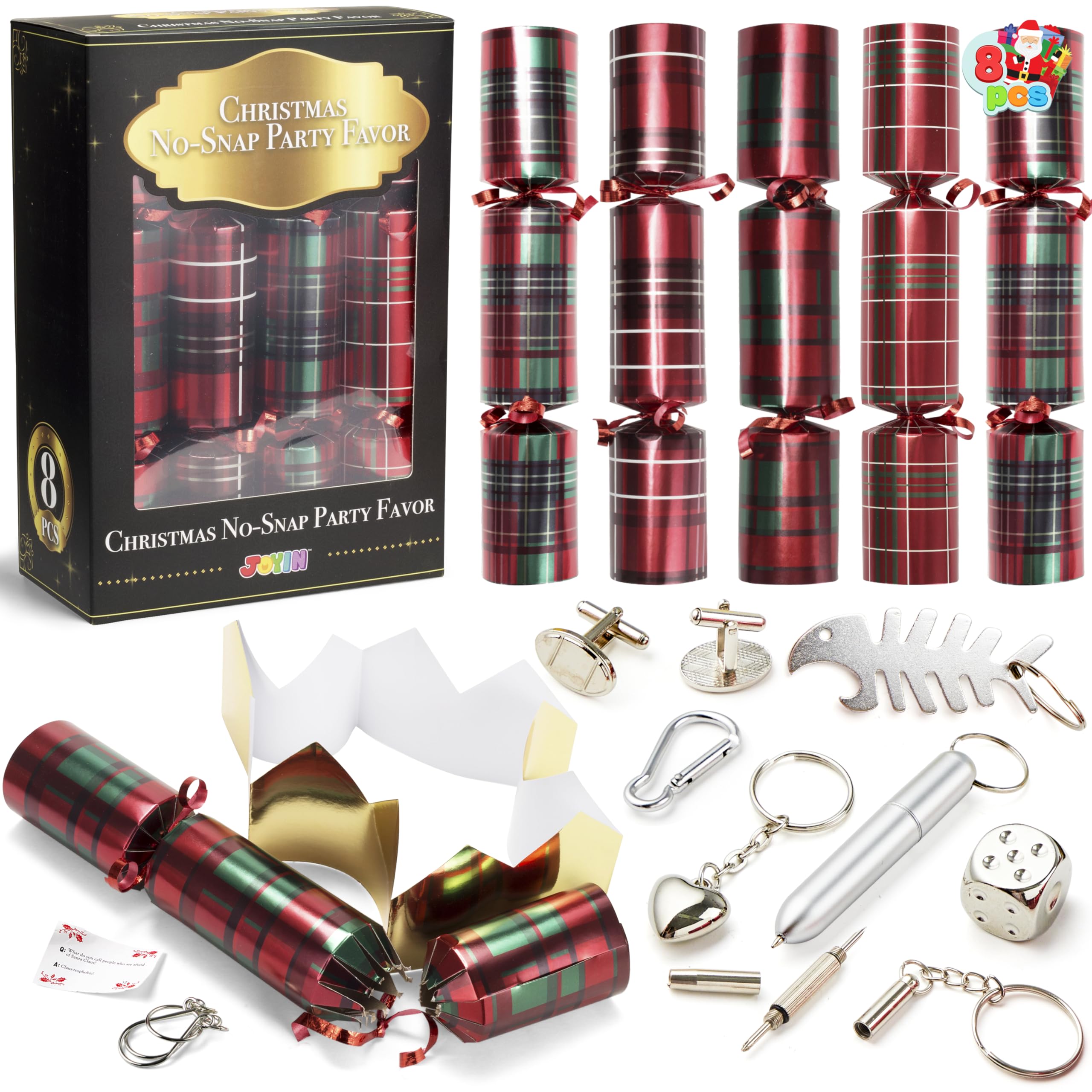 JOYIN 8-pack Christmas non-snap party favors displayed for festive table decoration and gifts.