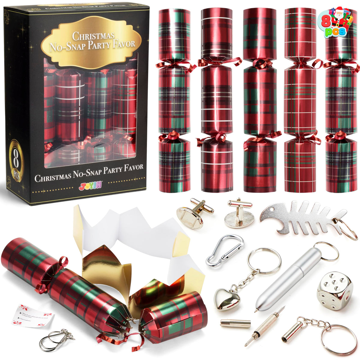 JOYIN 8-pack Christmas non-snap party favors displayed for festive table decoration and gifts.