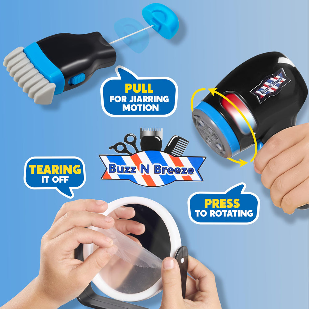 JOYIN Barber Shop pretend kit hairdryer sparks dynamic styling moments.