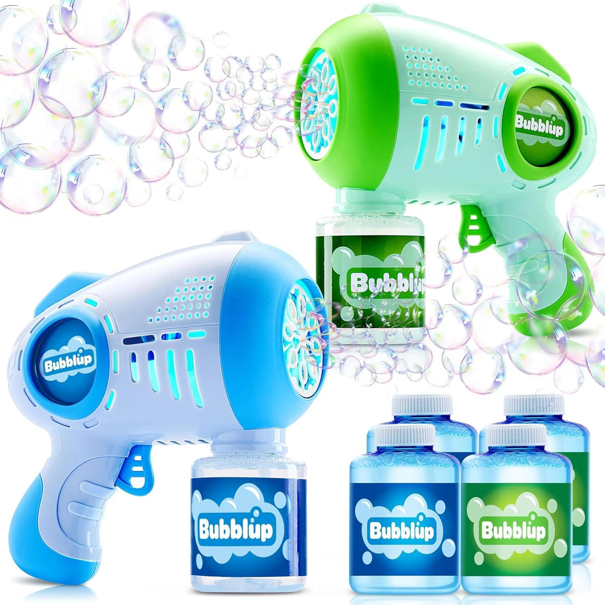 JOYIN dual bubble guns for kids, two-gun setup, outdoors.