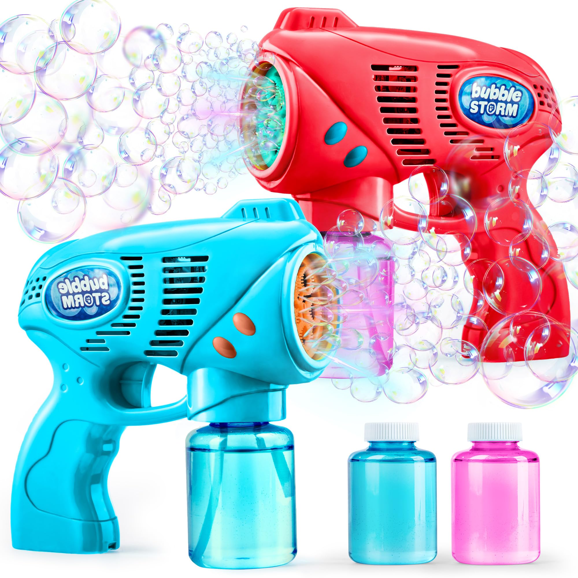 JOYIN bubble guns in red and blue for outdoor family fun and photos.