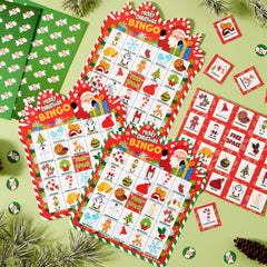 Joyin Christmas bingo cards in use at a party, bright festive visuals.