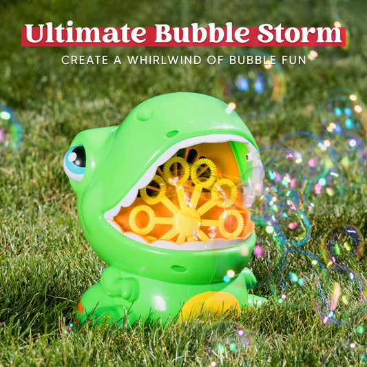 JOYIN Dinosaur Bubble Machine in action, showing a cloud of bubbles for kids' playtime.