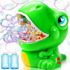 JOYIN Dinosaur Bubble Machine front view in vibrant green, ideal for outdoor party fun.