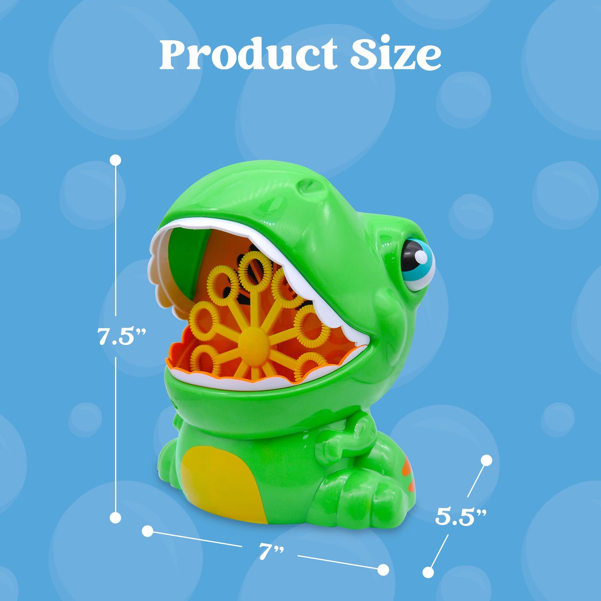 Indoor classroom or event setting featuring the JOYIN dinosaur bubble machine in use.