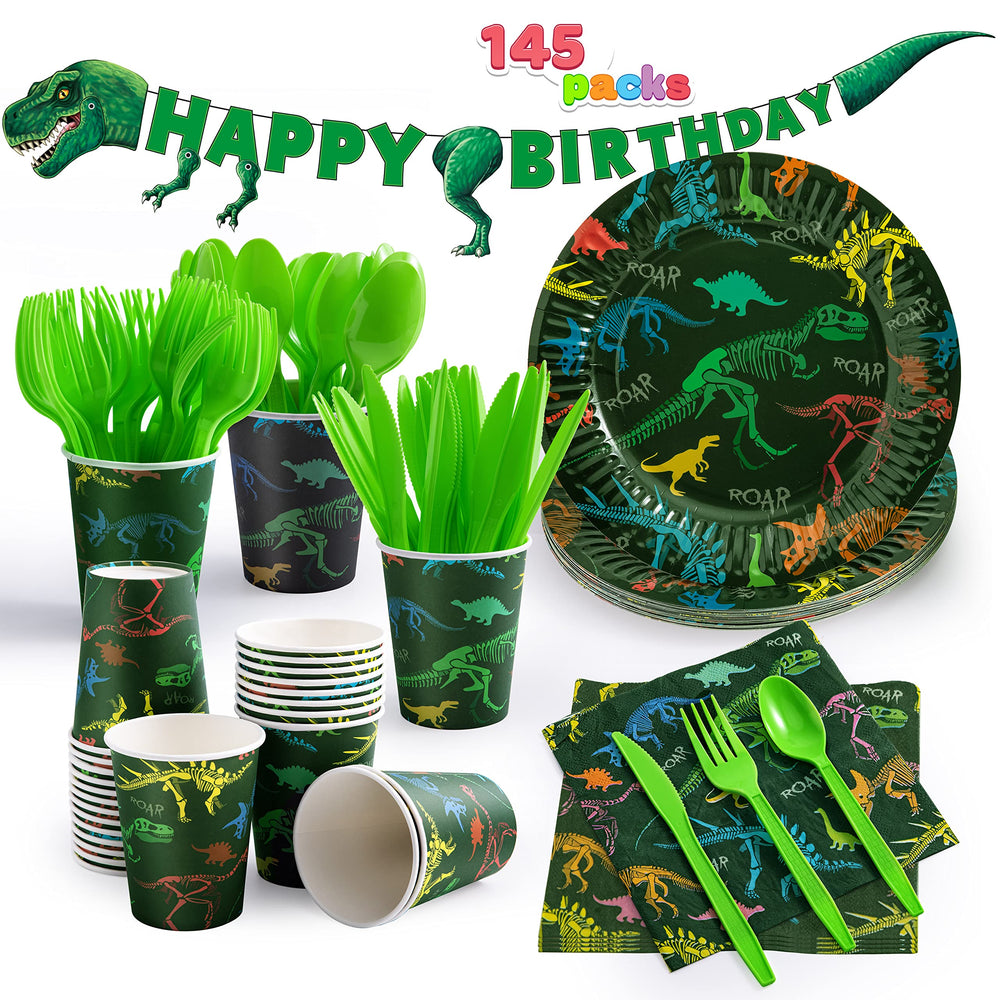 JOYIN 145-piece dinosaur set—comprehensive party kit for easy planning.