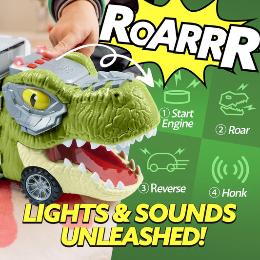 JOYIN dinosaur truck with 12 mini cars boosts storytelling and hand-eye coordination.