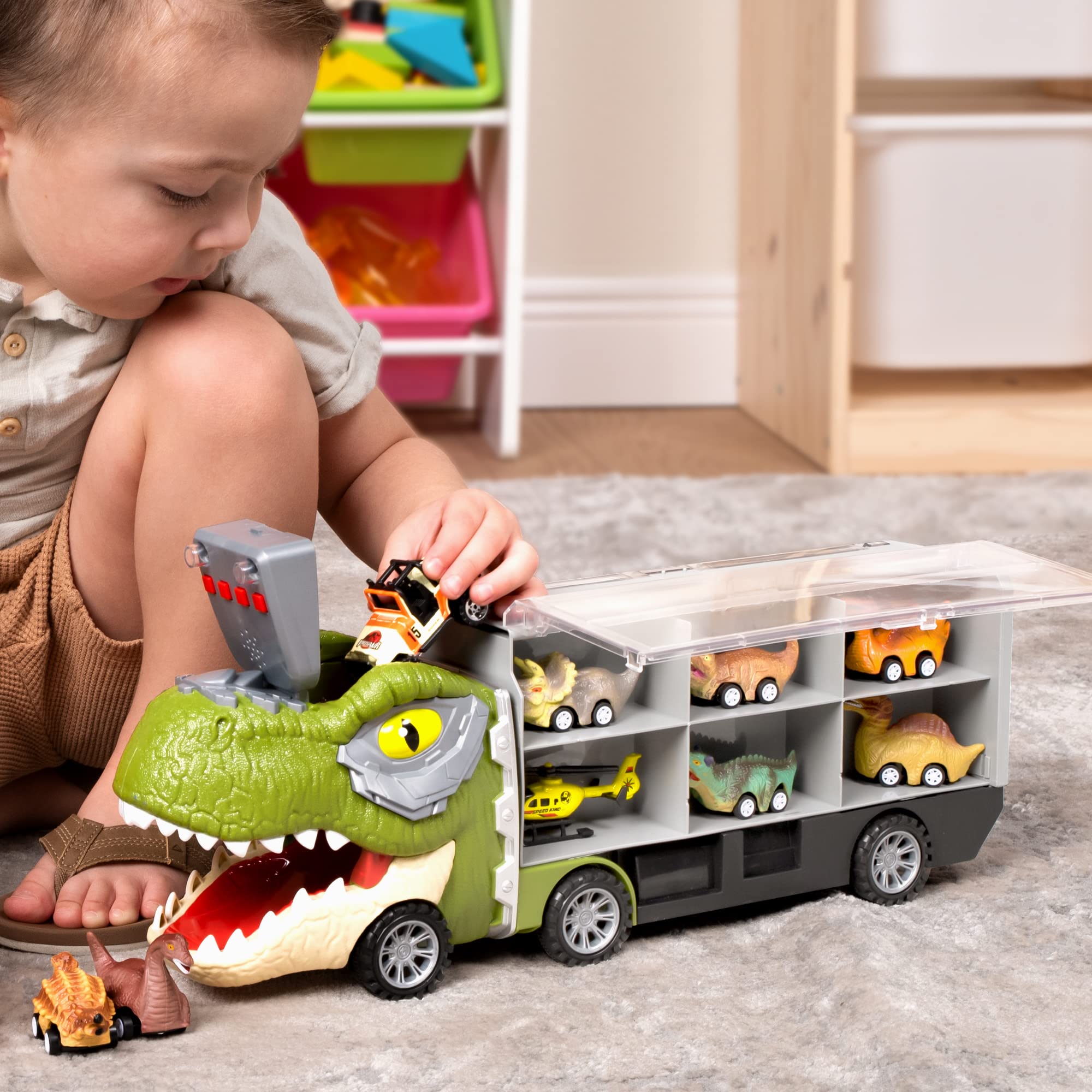JOYIN gift-ready dinosaur truck set makes a delightful present for young explorers.