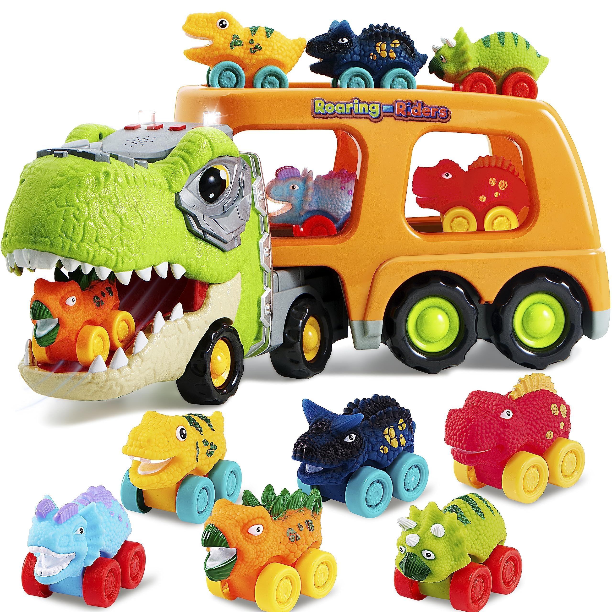 JOYIN Dinosaur Truck storage deck holds six cars for tidy playtime