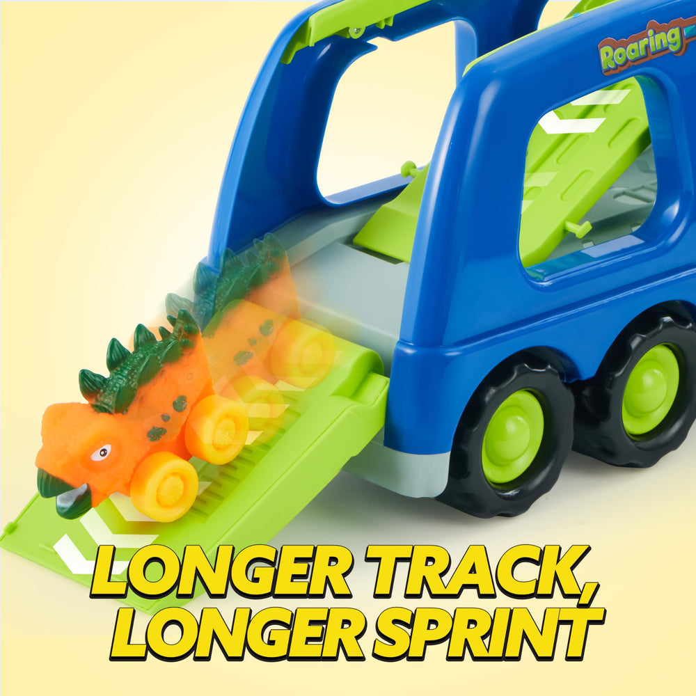 JOYIN dinosaur truck toy ramp and slide feature in action