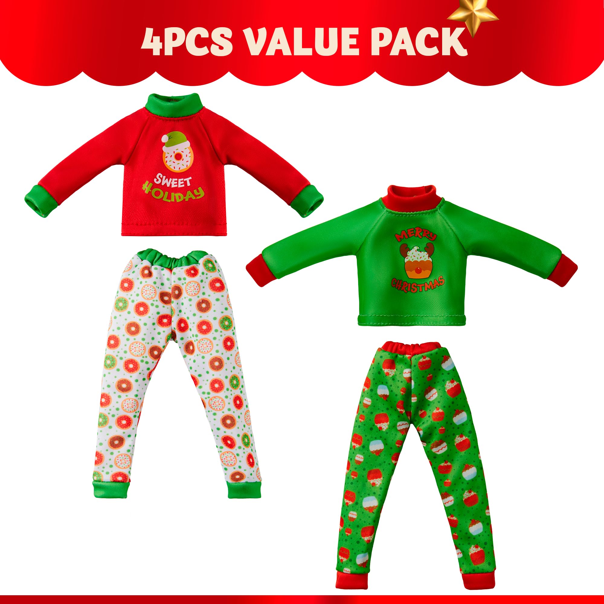 JOYIN Red top and white pants with green trim, donut graphic for playful holiday outfits.