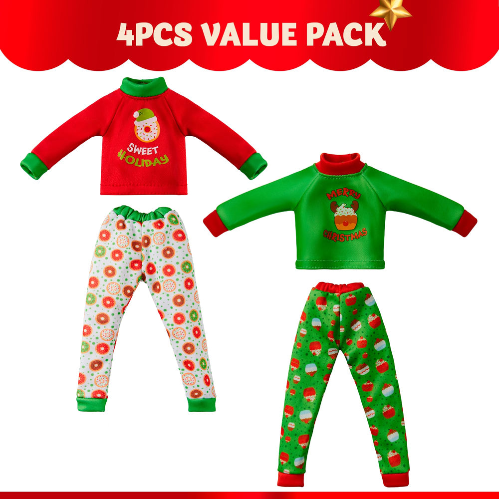 JOYIN Red top and white pants with green trim, donut graphic for playful holiday outfits.