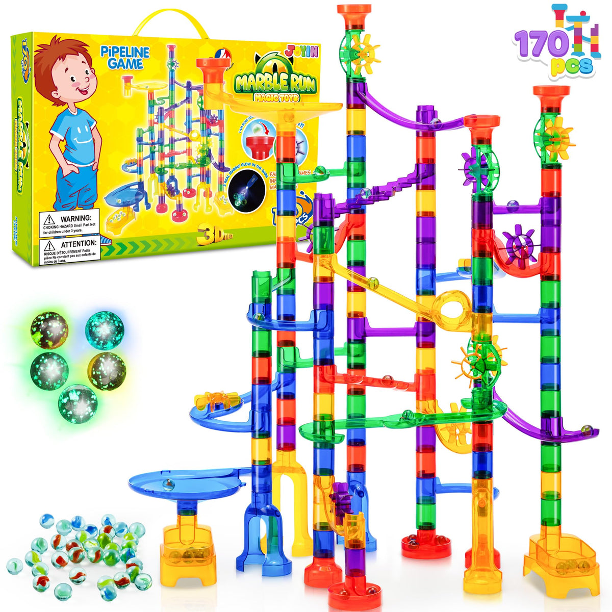 JOYIN glowing marble run tracks for bright, organized play.
