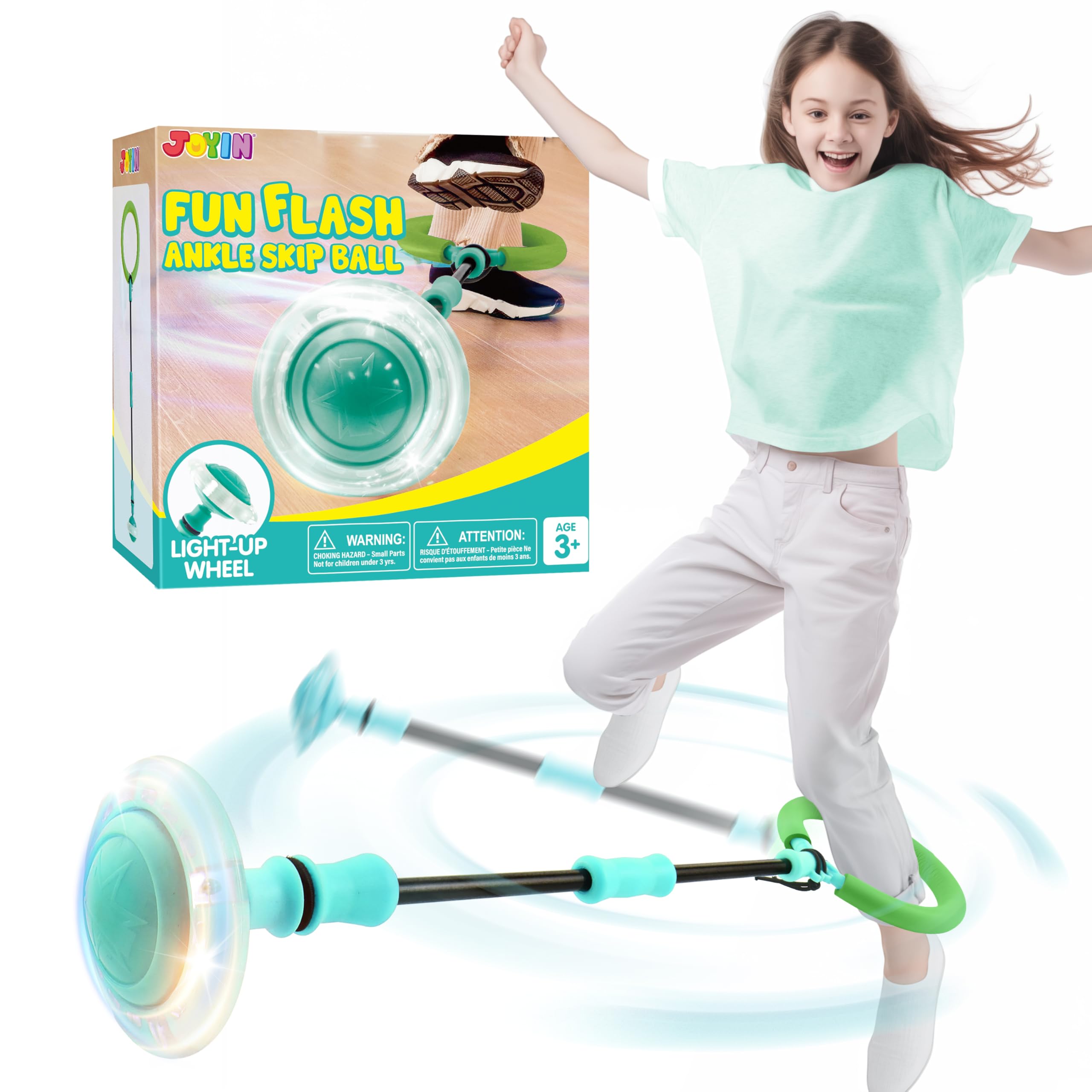 Joyin Green Ankle Skip Ball with flashing lights adds visual excitement during play.