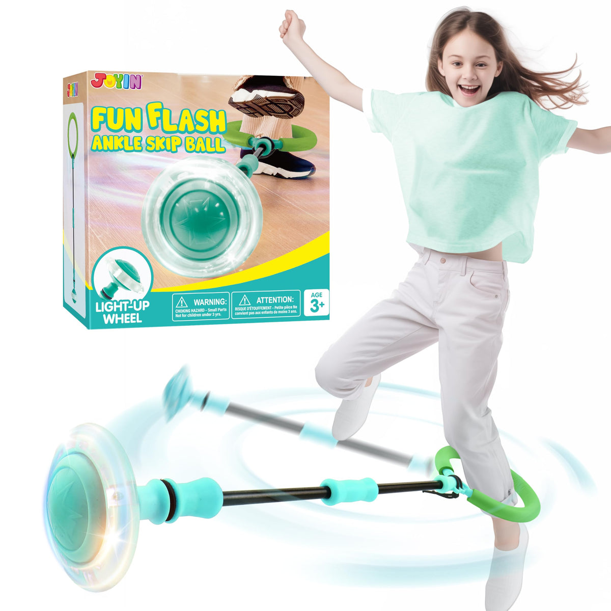 Joyin Green Ankle Skip Ball with flashing lights adds visual excitement during play.