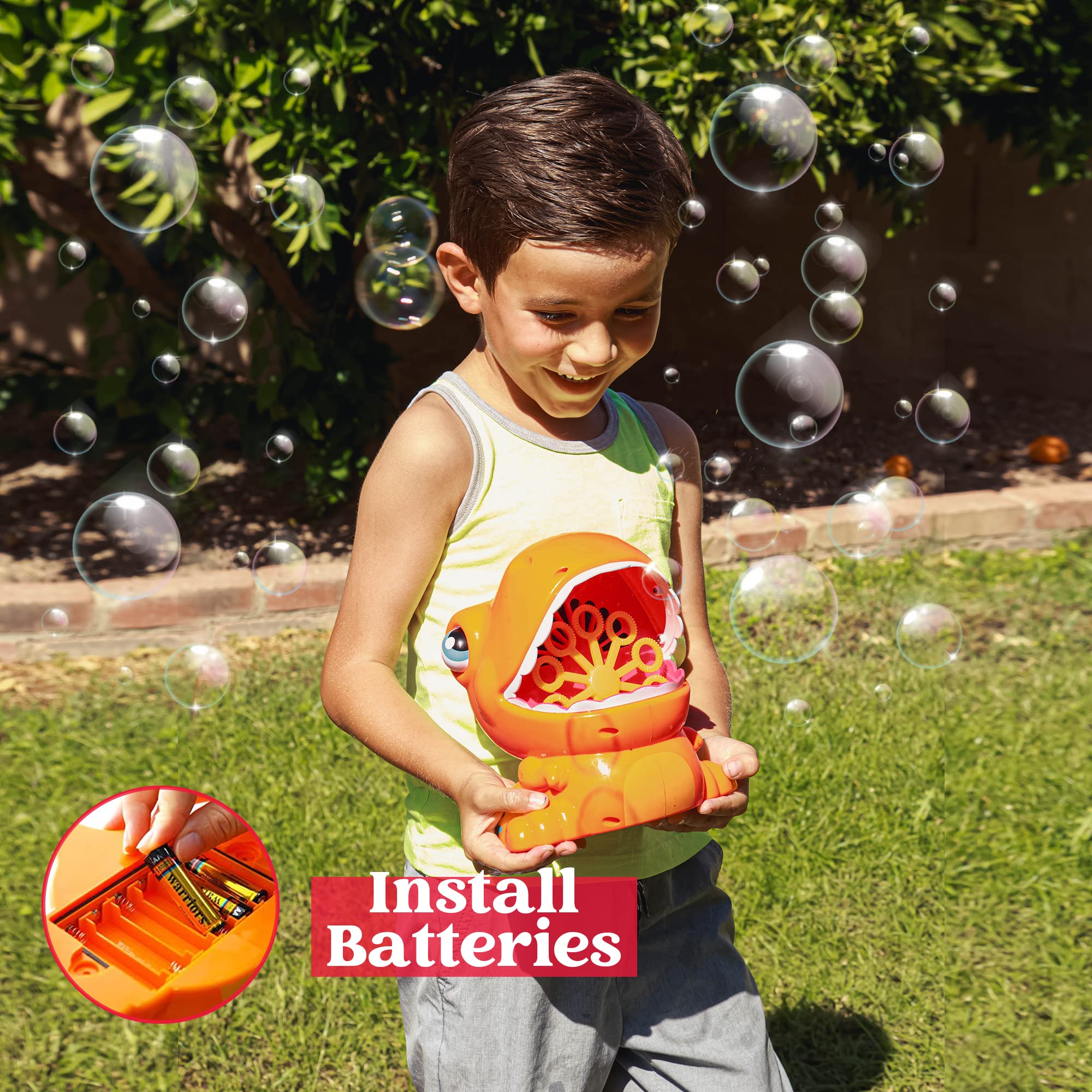 JOYIN kids outdoor play with dinosaur bubble machine for sparkling fun.
