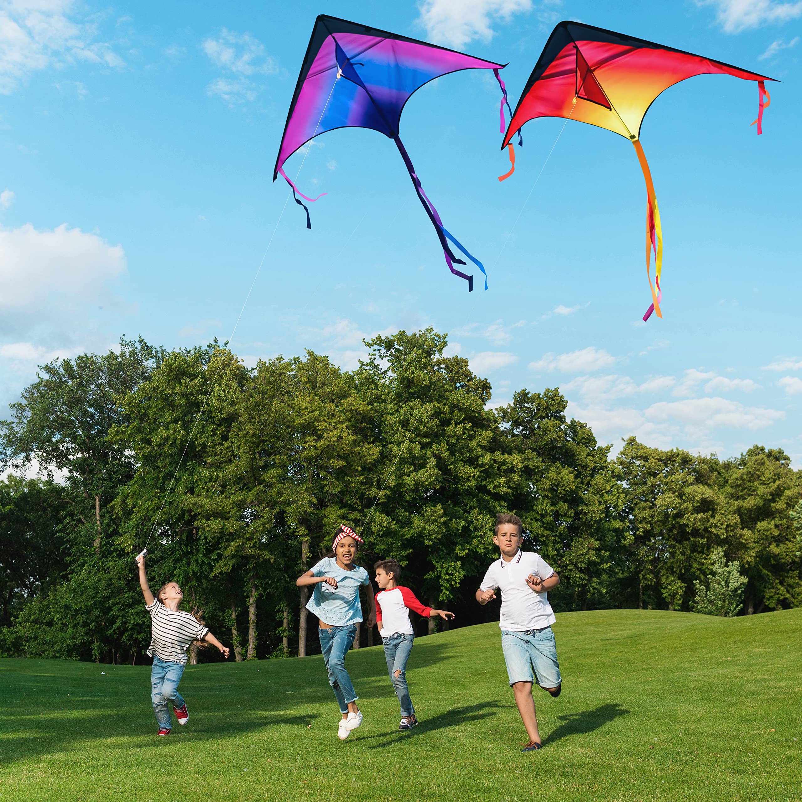 JOYIN colorful delta kite in flight with long tail for stable outdoor activity