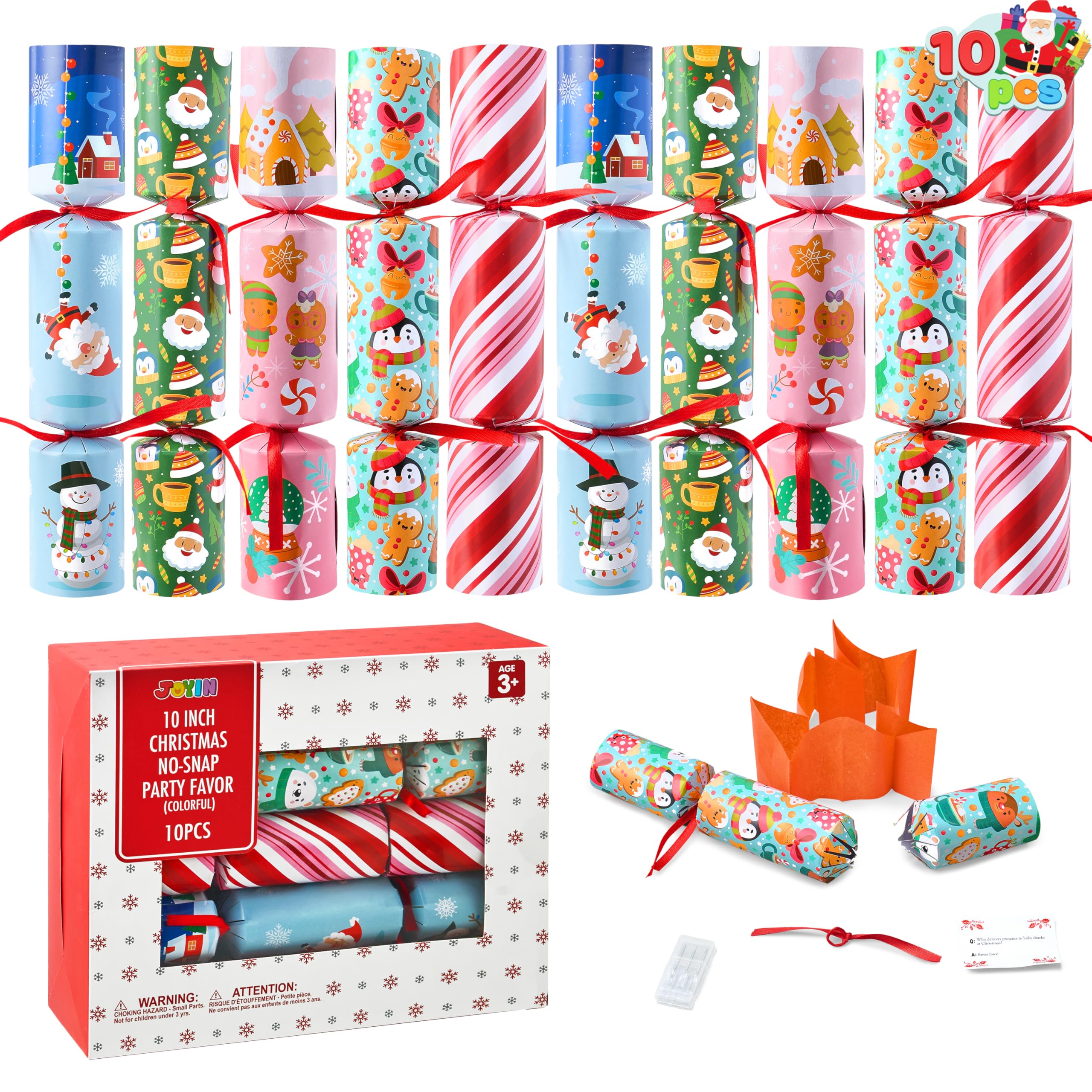 JOYIN no-snap Christmas party favors 10-pack on a festive table for easy decorating