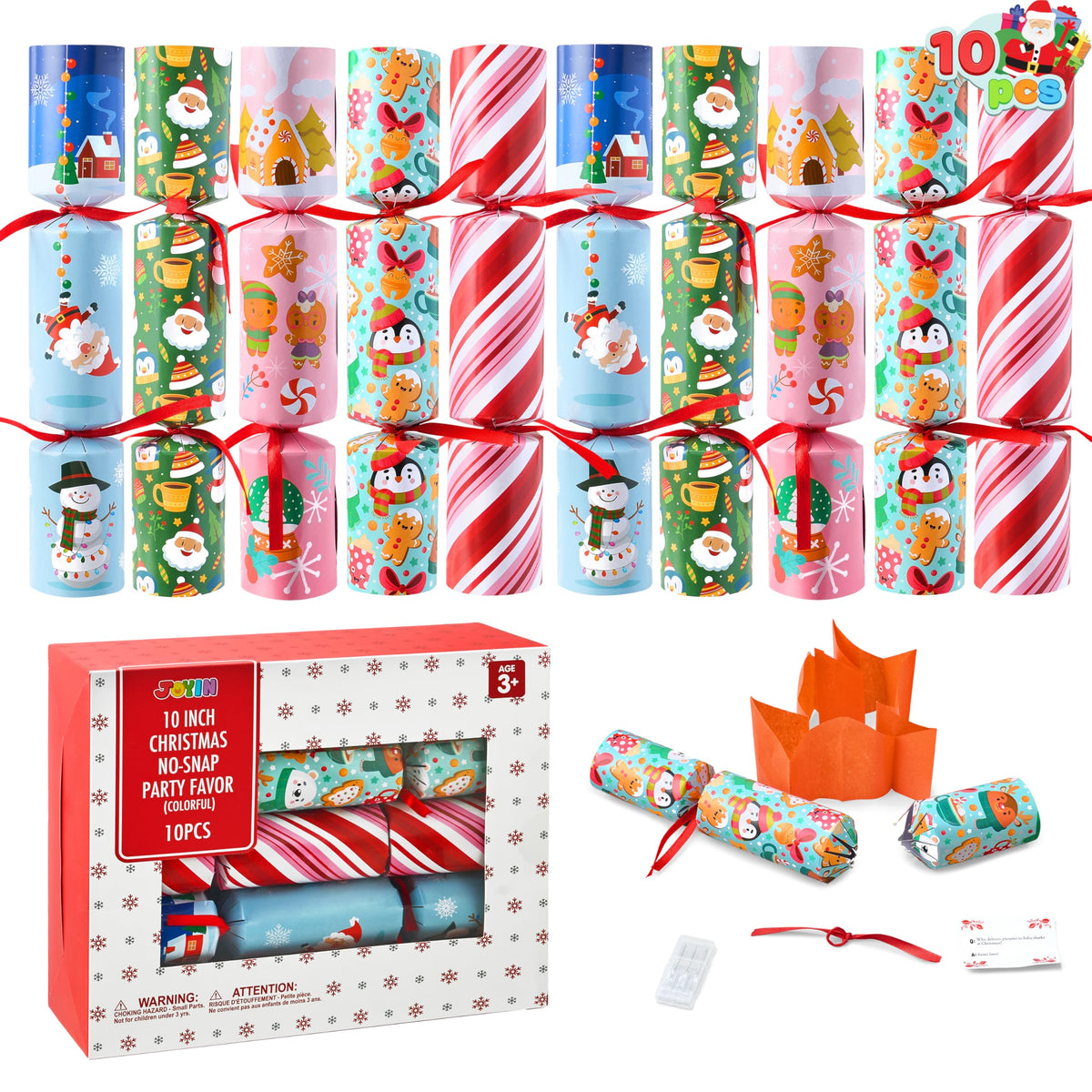 JOYIN no-snap Christmas party favors 10-pack on a festive table for easy decorating