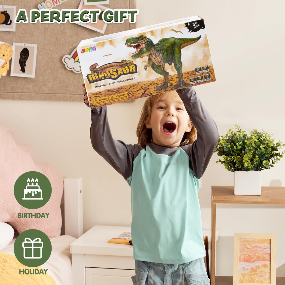 JOYIN robot dinosaur toy eyes and tongue light up for night imagination.