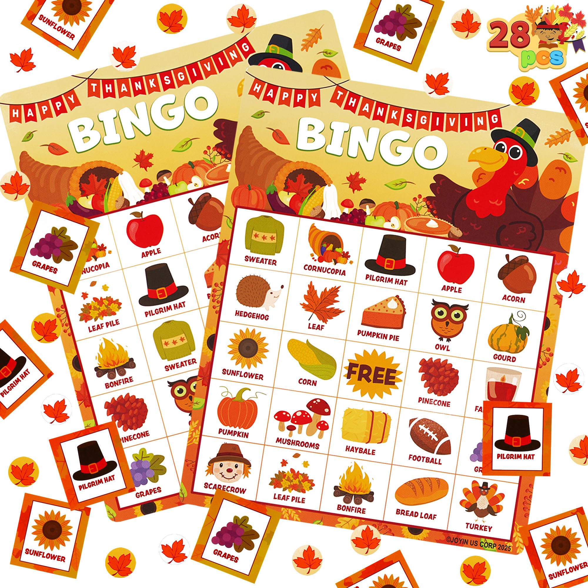 JOYIN Thanksgiving Bingo Cards set with 28 pieces for family fun and classroom activities.