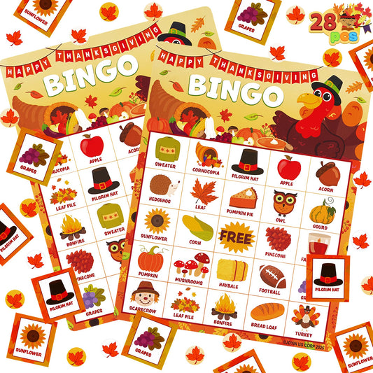 JOYIN Thanksgiving Bingo Cards set with 28 pieces for family fun and classroom activities.