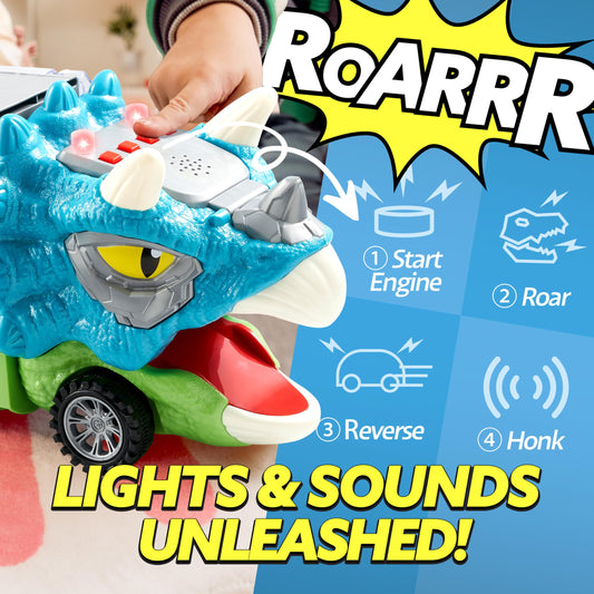 JOYIN Triceraptor dinosaur truck with 12 pull-back cars for creative exploration.