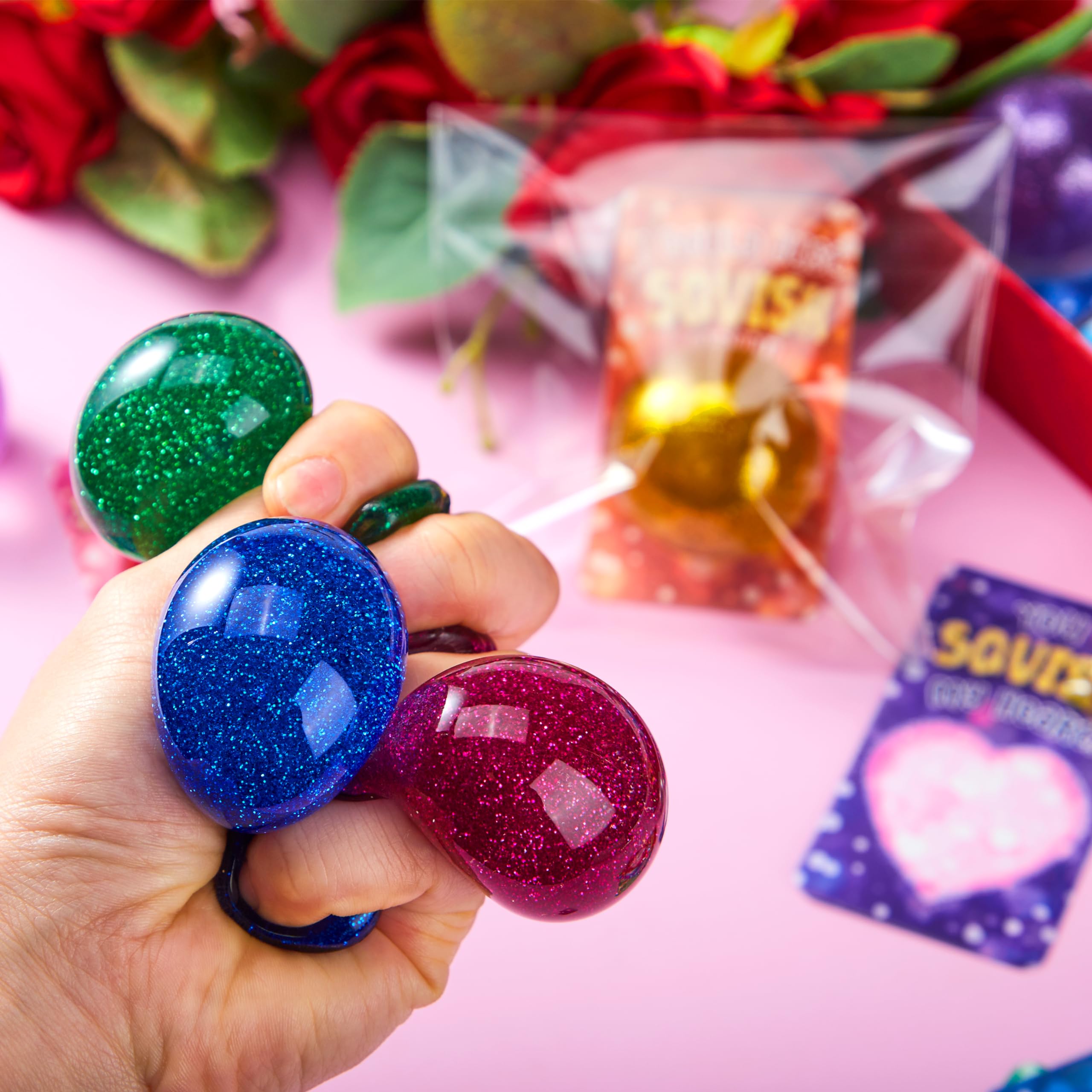 JOYIN Valentine stretchy ball glitter purple for colorful classroom exchanges and crafts.