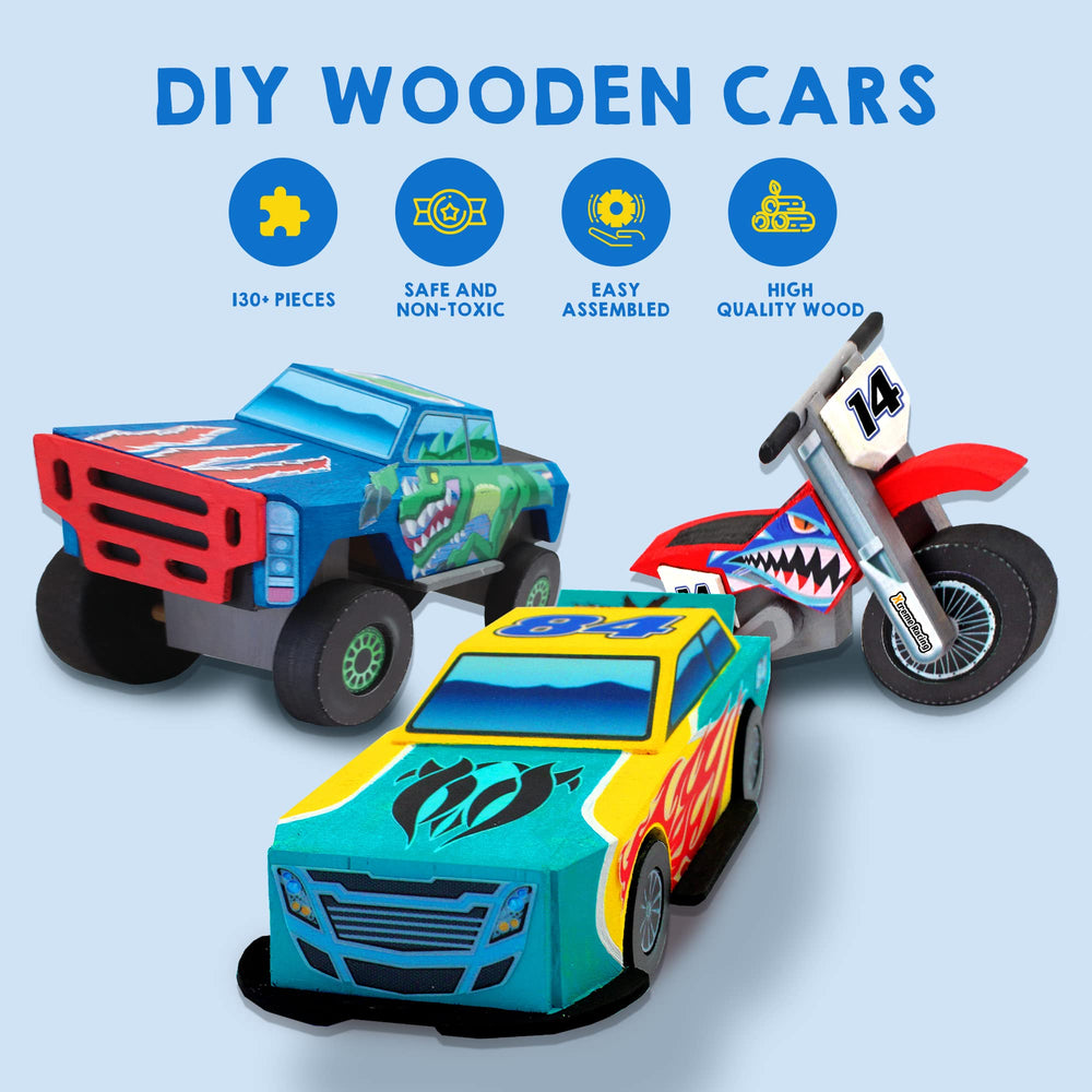 JOYIN wooden vehicles race car motorcycle monster truck for imaginative play