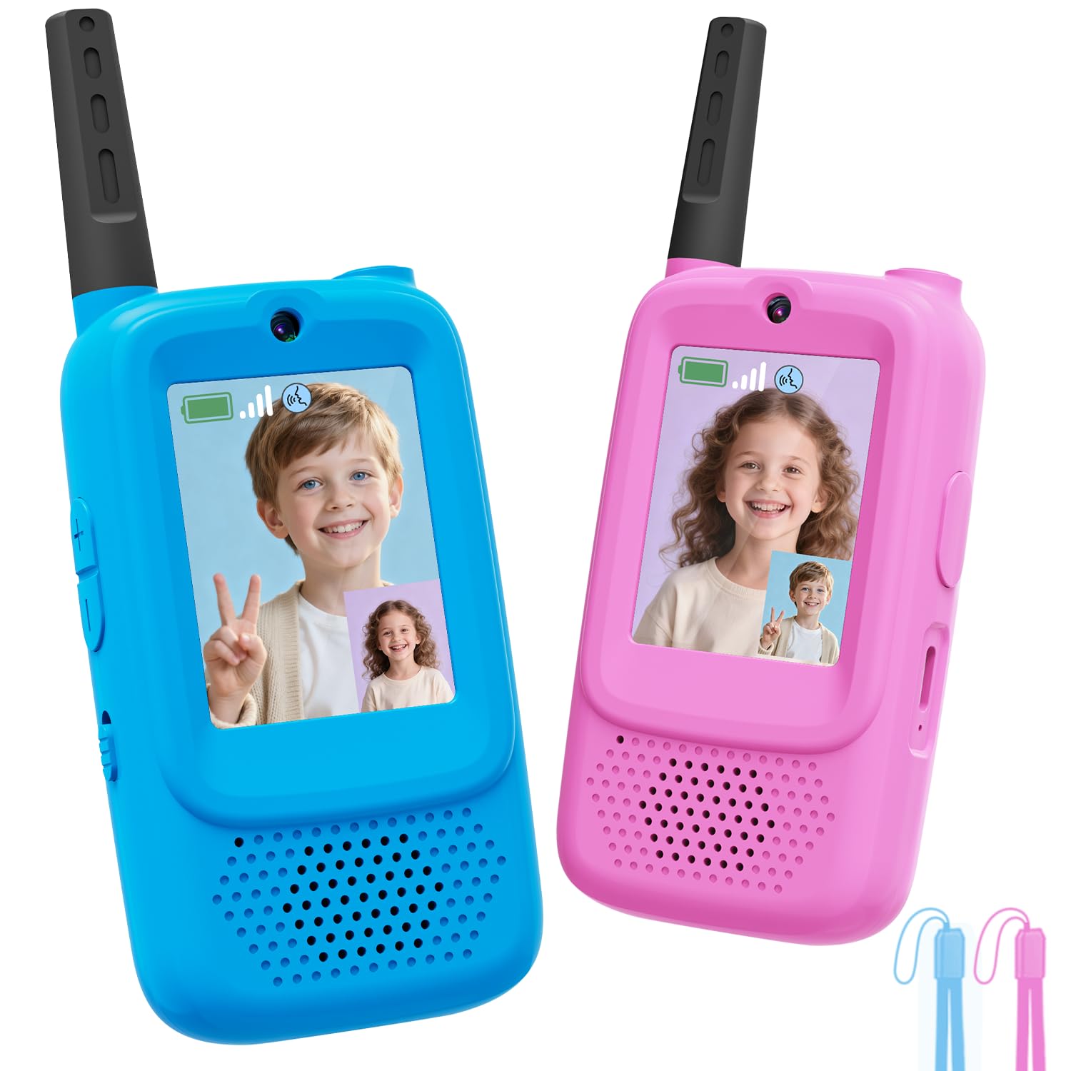 Joyjam video walkie talkie blue camera enables face-to-face playtime.