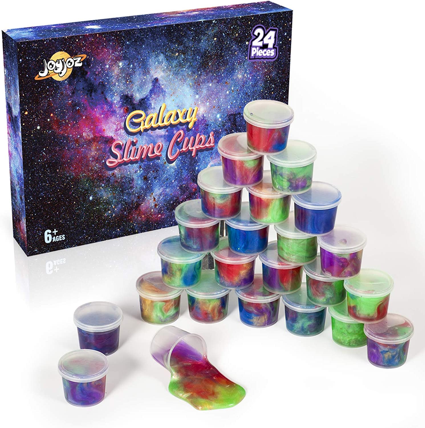 Joyjoz Galaxy Slime pack shows 24 pieces for party favors and sensory play