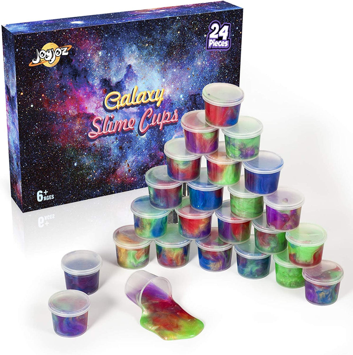 Joyjoz Galaxy Slime pack shows 24 pieces for party favors and sensory play