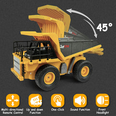 Joylike RC dump truck dumping action mirrors authentic construction play.