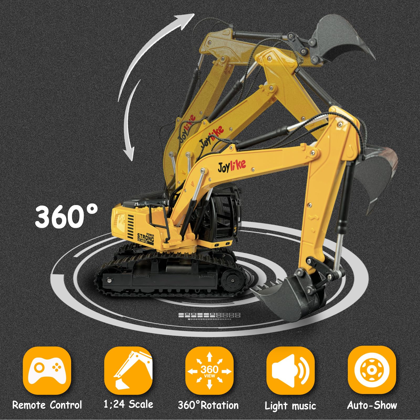 Joylike RC dump truck side view shows sturdy construction for outdoor use.
