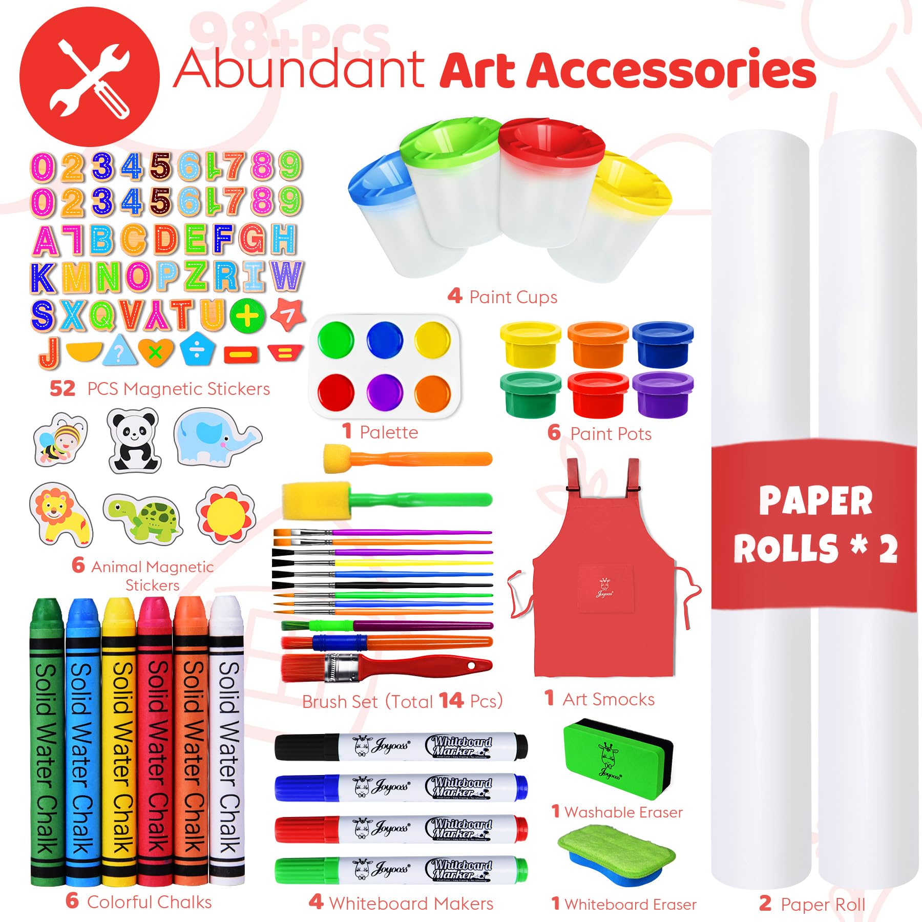 Comprehensive kit with paints, brushes, chalk and magnets for versatile projects.