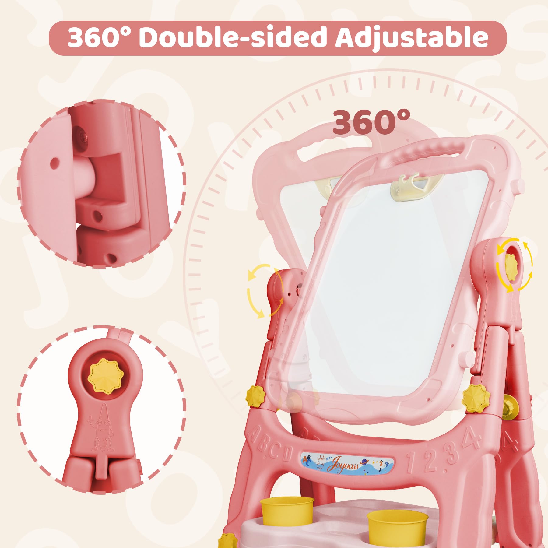 Joyooss double-sided board supports dry erase and chalk activities for variety.