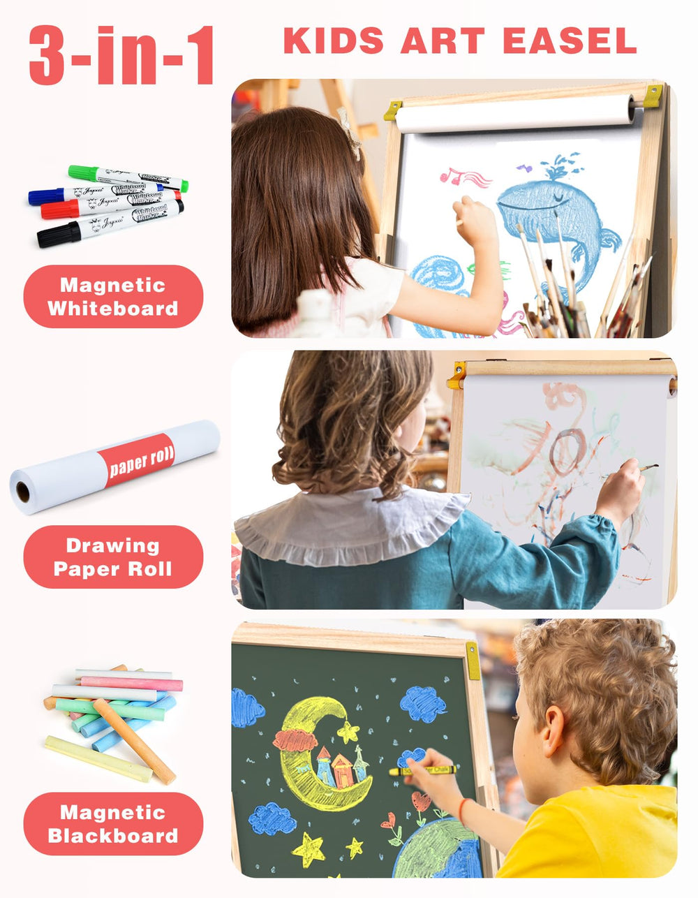 Joyooss Height-adjustable easel grows with children from toddler to older kid.