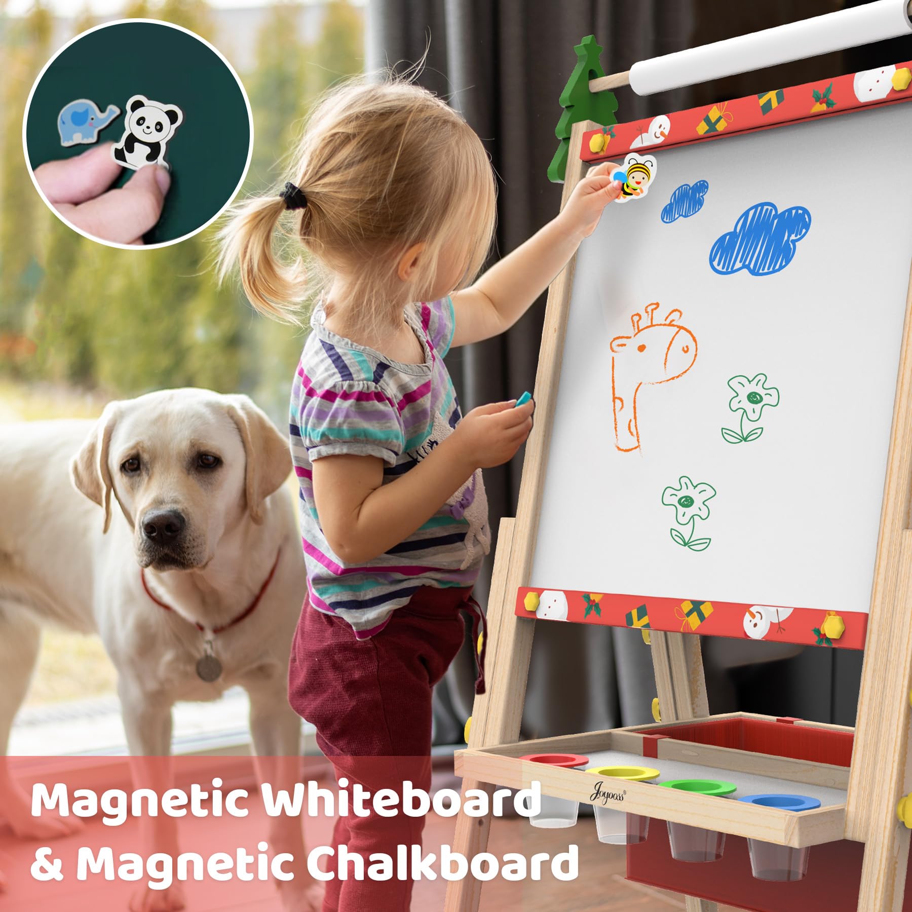 Built-in tray keeps brushes and markers within reach during art time.