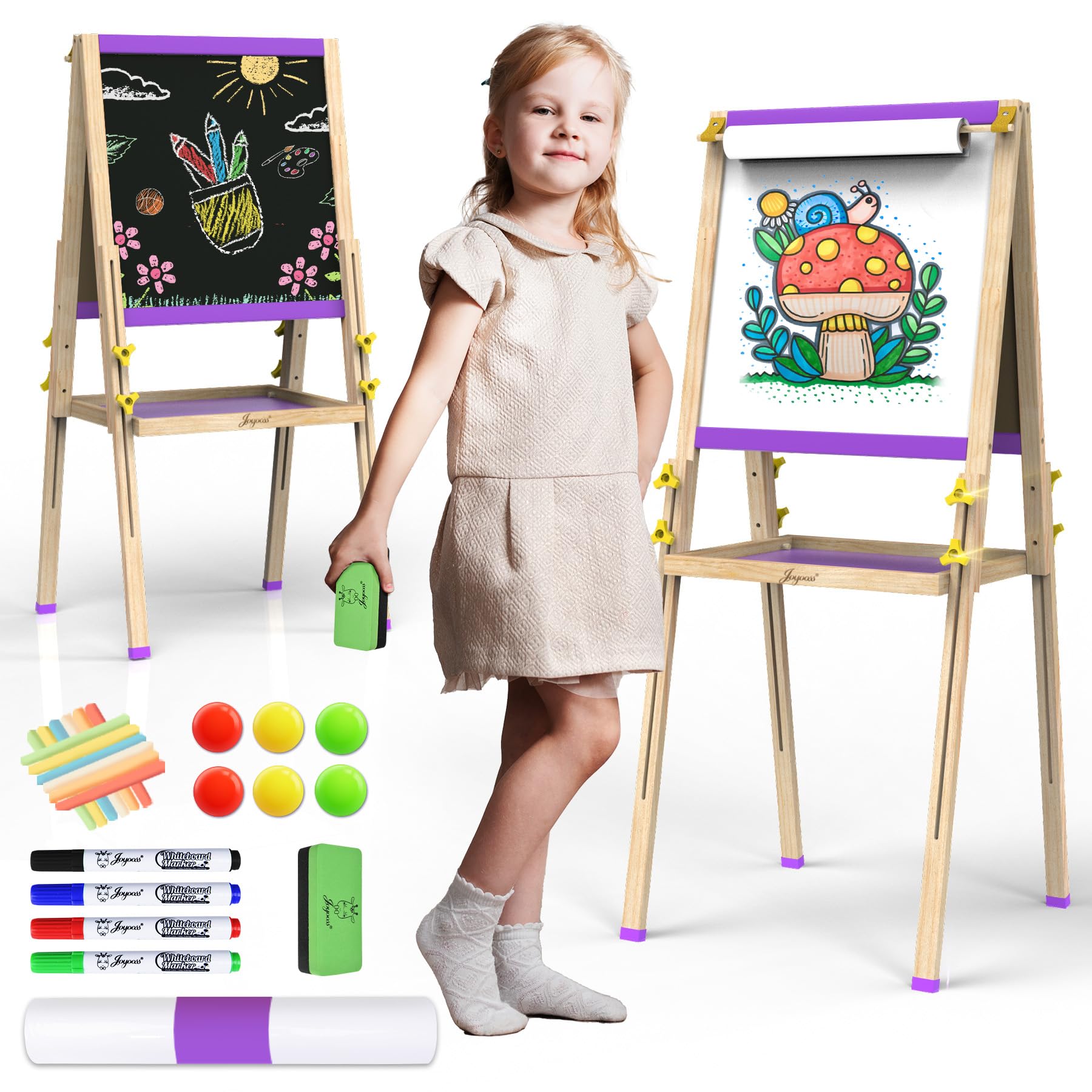 JOYOOSS easel with double-sided board for whiteboard and chalkboard boosts creative play.