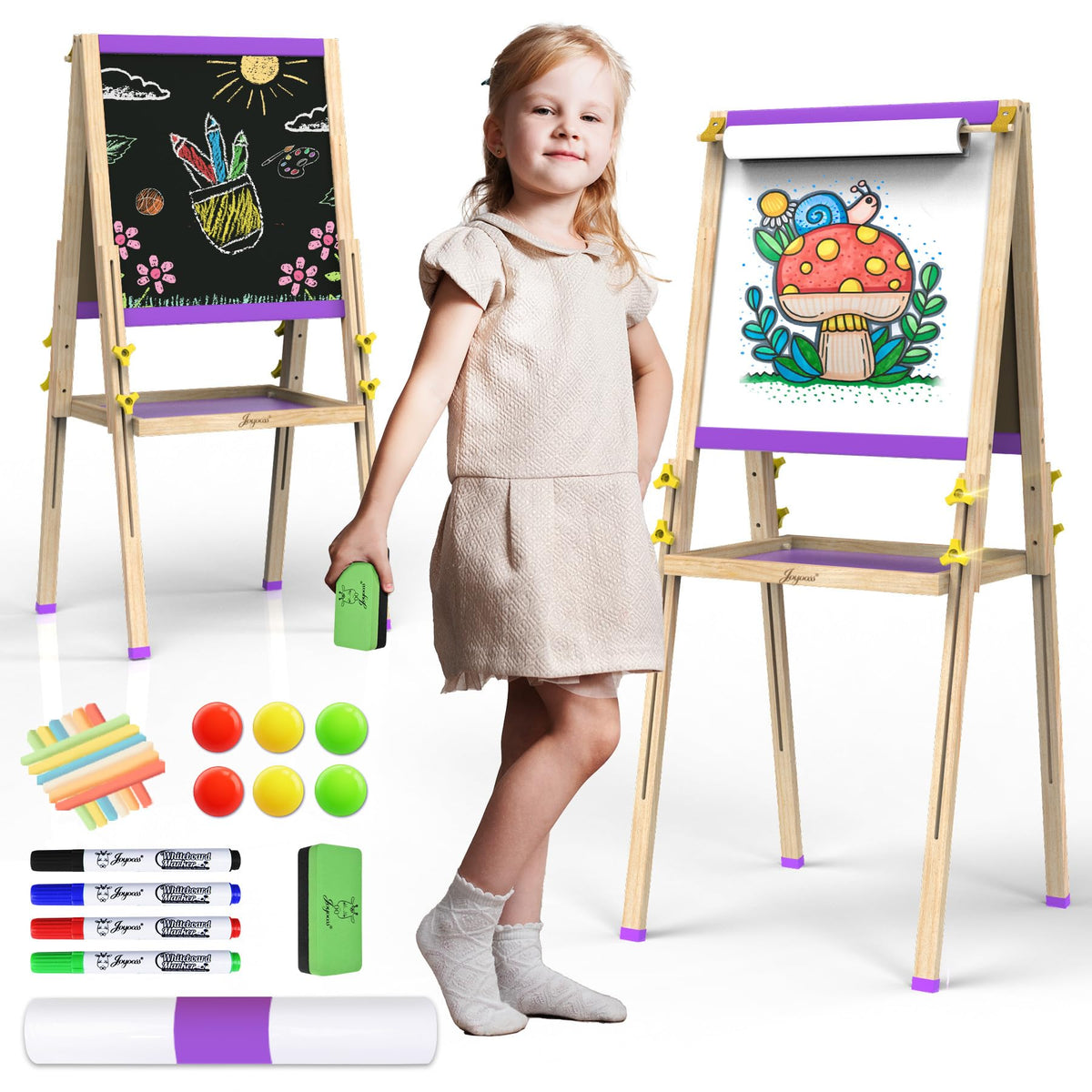 JOYOOSS easel with double-sided board for whiteboard and chalkboard boosts creative play.