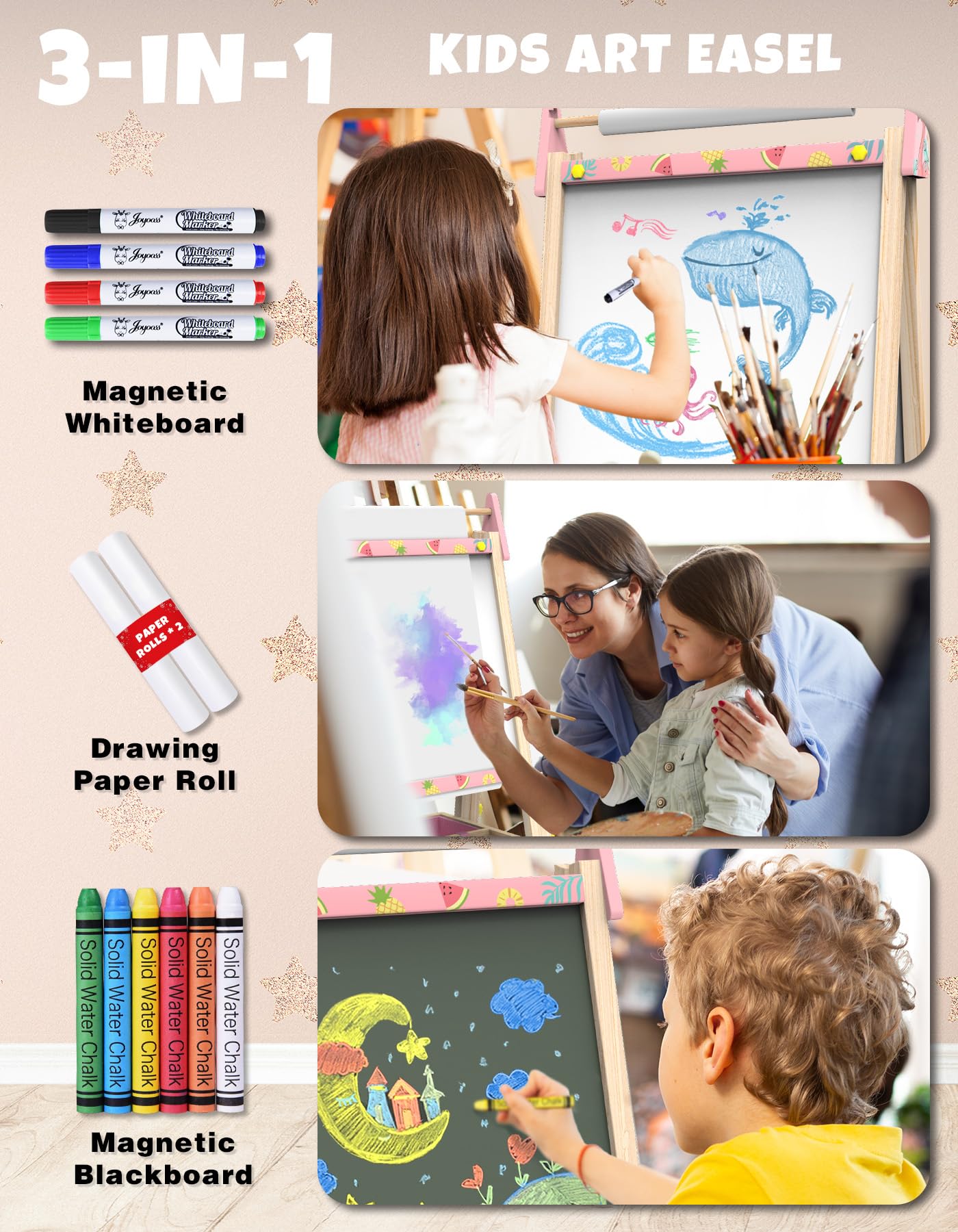 Joyooss kids art supplies pack adds brushes, paints, and accessories for quick setup.