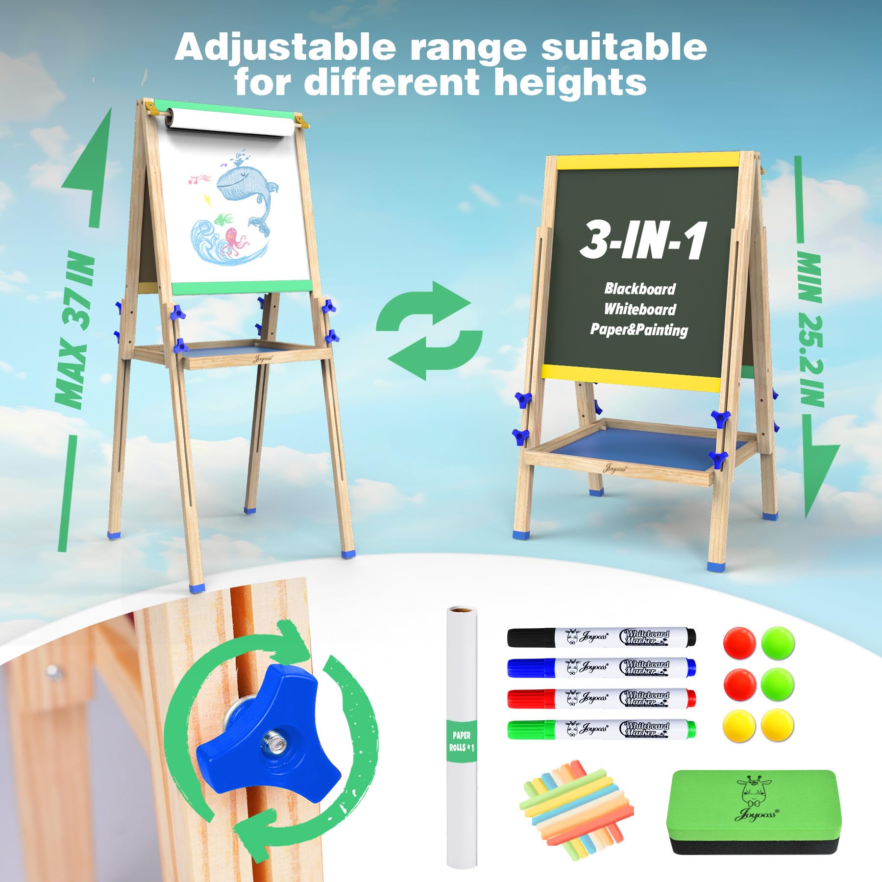 Joyooss Kids Easel chalkboard side invites drawing and practicing writing skills.