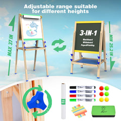 Joyooss Kids Easel chalkboard side invites drawing and practicing writing skills.